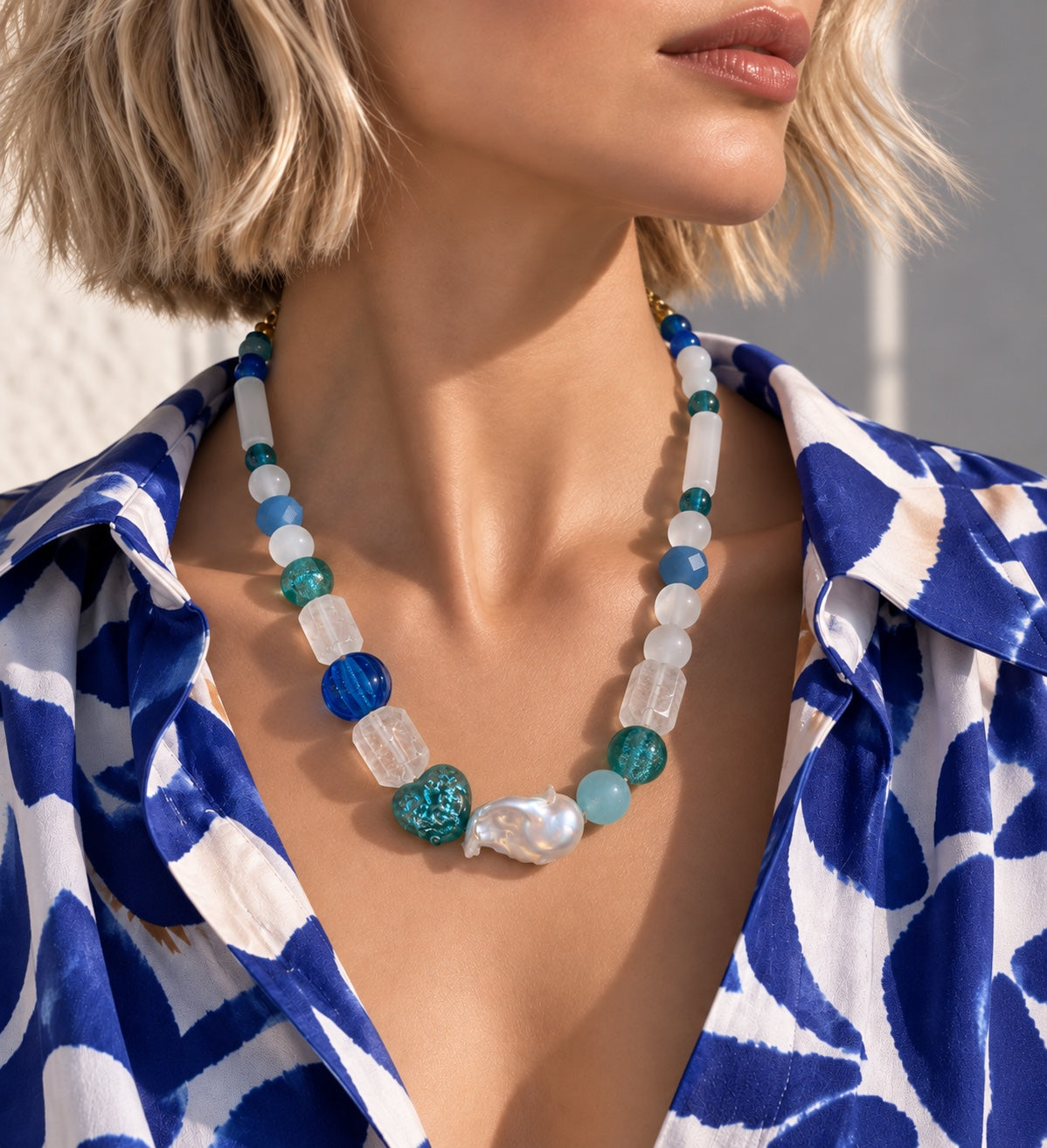 Atelier N°8 Aqua Mosaic Necklace in blue, turquoise and pearl tones