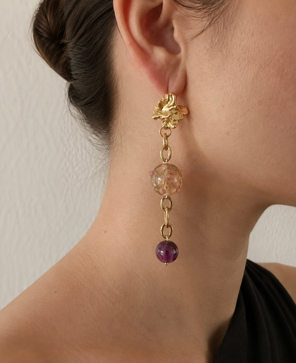 Model wearing LULA Vesper long glass earrings