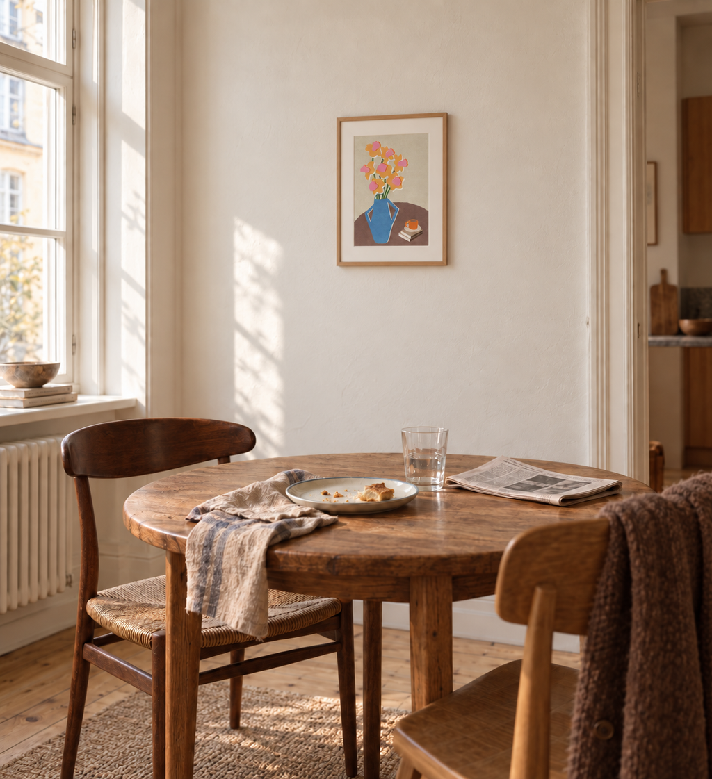 Flowers & Coffee A4 art print displayed in a warm Copenhagen dining room
