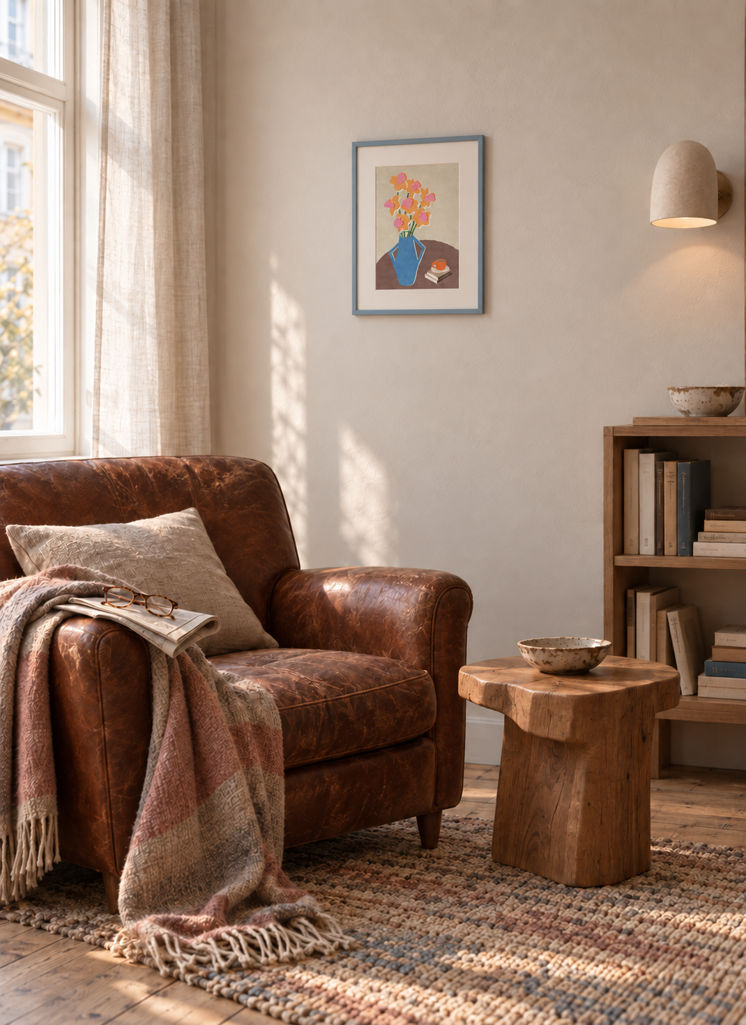 Flowers & Coffee A4 art print displayed in a cozy Copenhagen reading corner