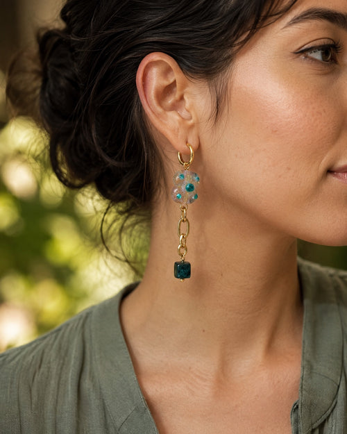 Model wearing LULA Aqua Bloom handmade earrings