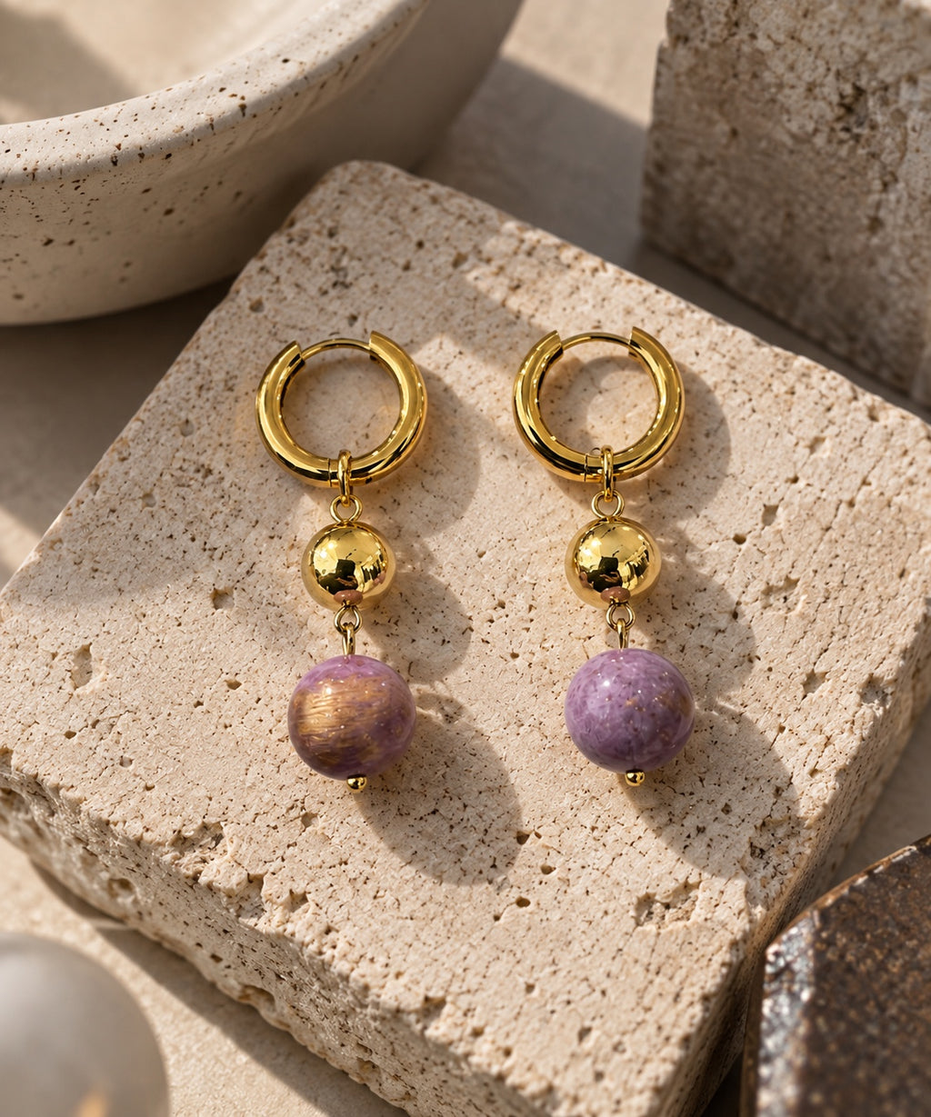 LULA Aurelia gold and purple drop earrings