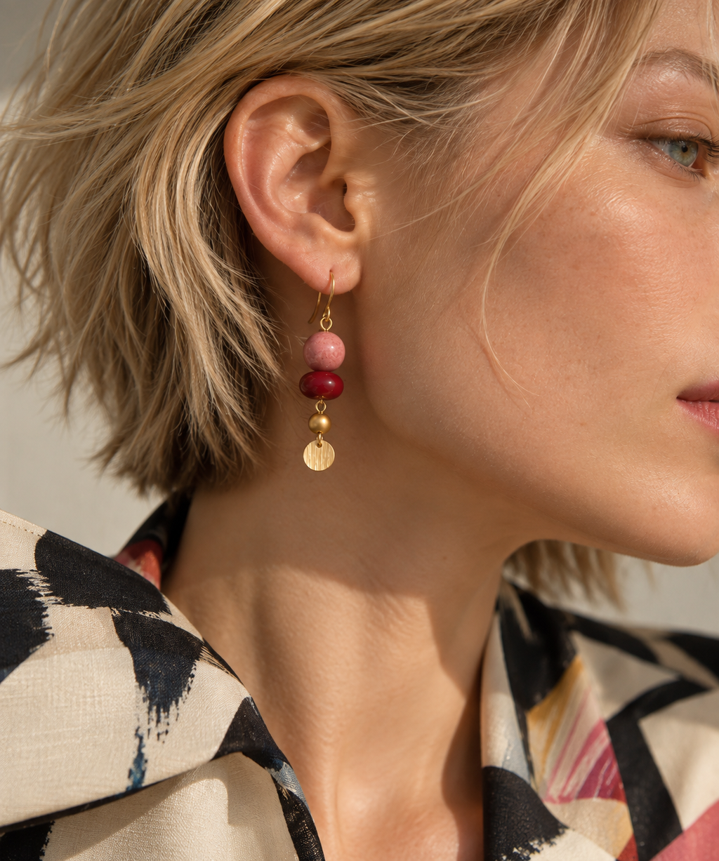 LULA Berry Pop Earrings worn on a model