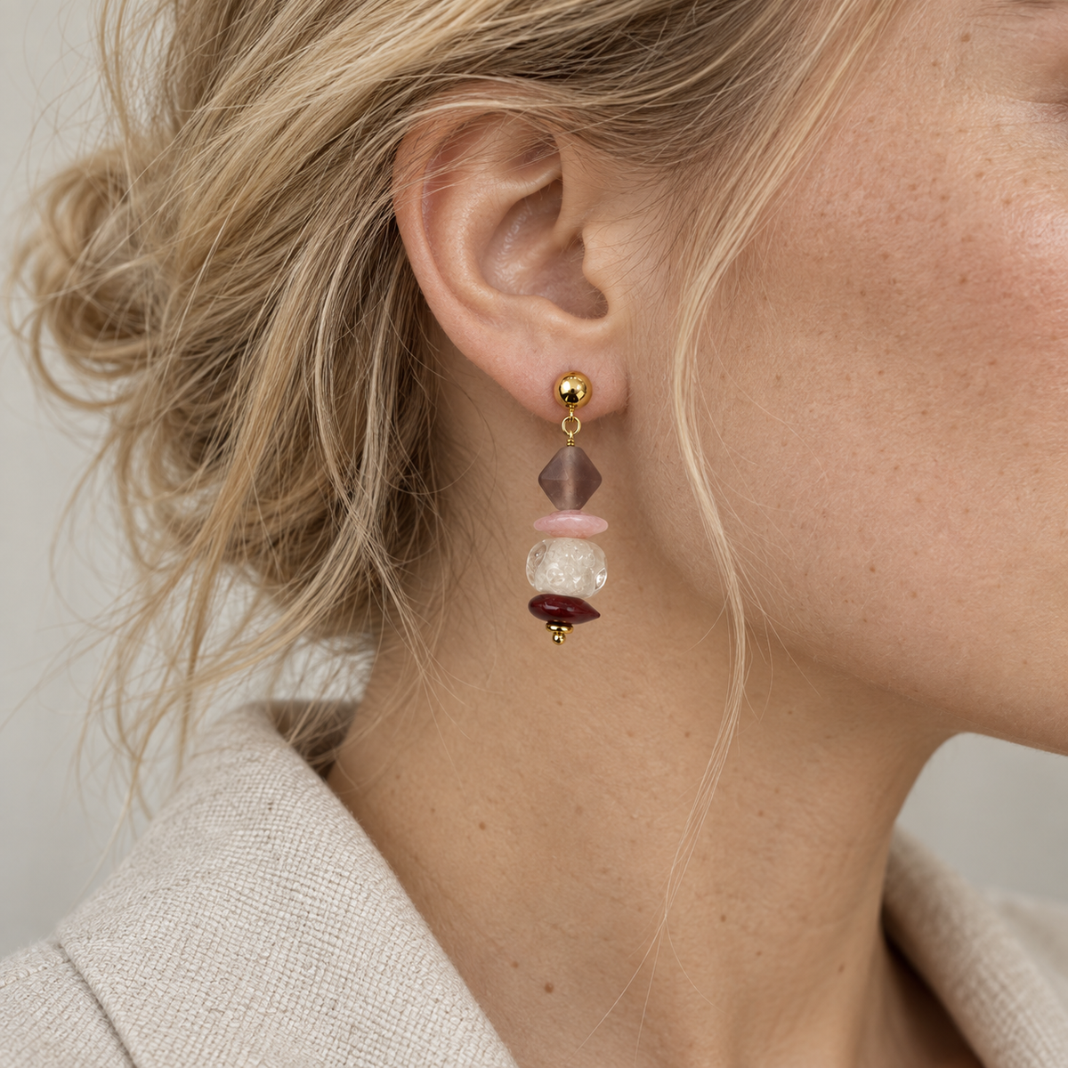 LULA Blush Stack handmade earring shown at real scale on a model