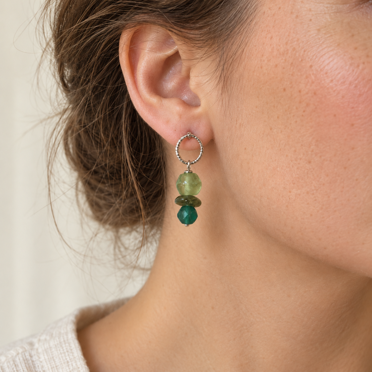 Model wearing LULA Forest Current earrings in accurate scale