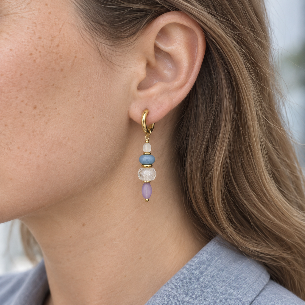 LULA Lilac Sky earring shown at true scale on a model