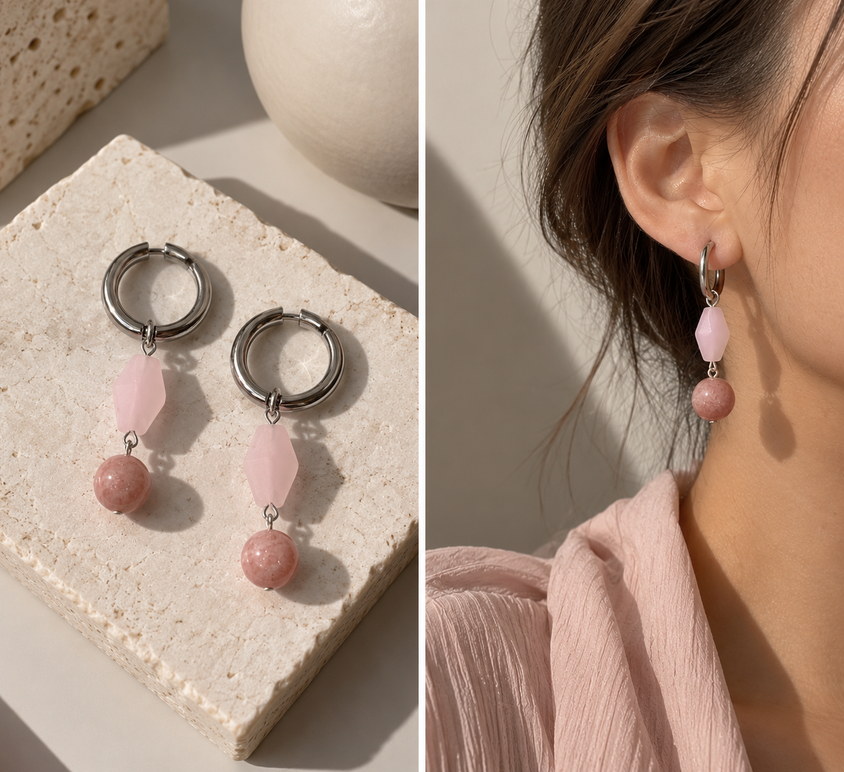 Handmade pink glass earrings with silver-tone hoops