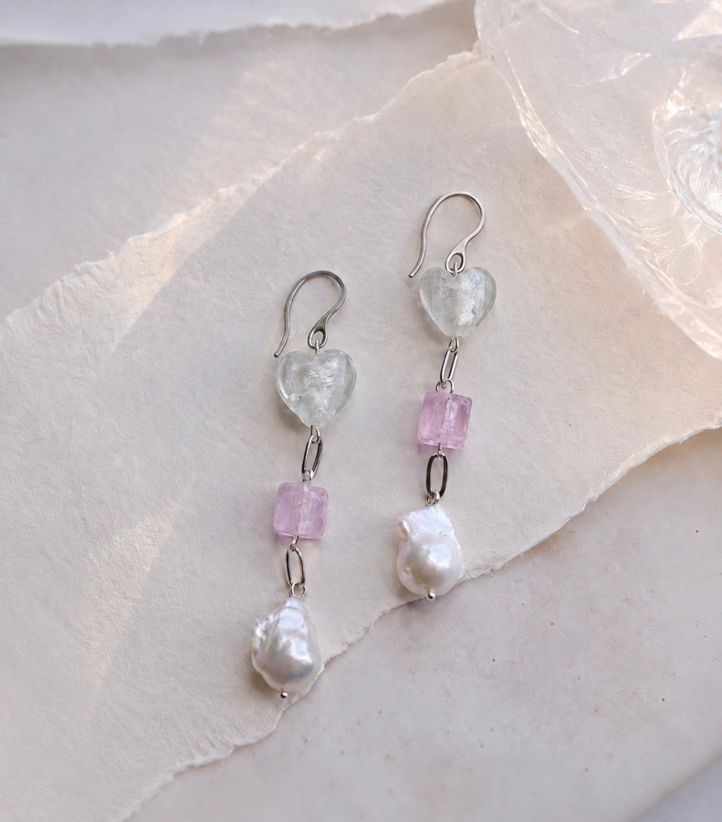Atelier N°8 LULA Rosé handmade earrings with milky glass hearts, soft pink glass cubes and irregular freshwater pearls