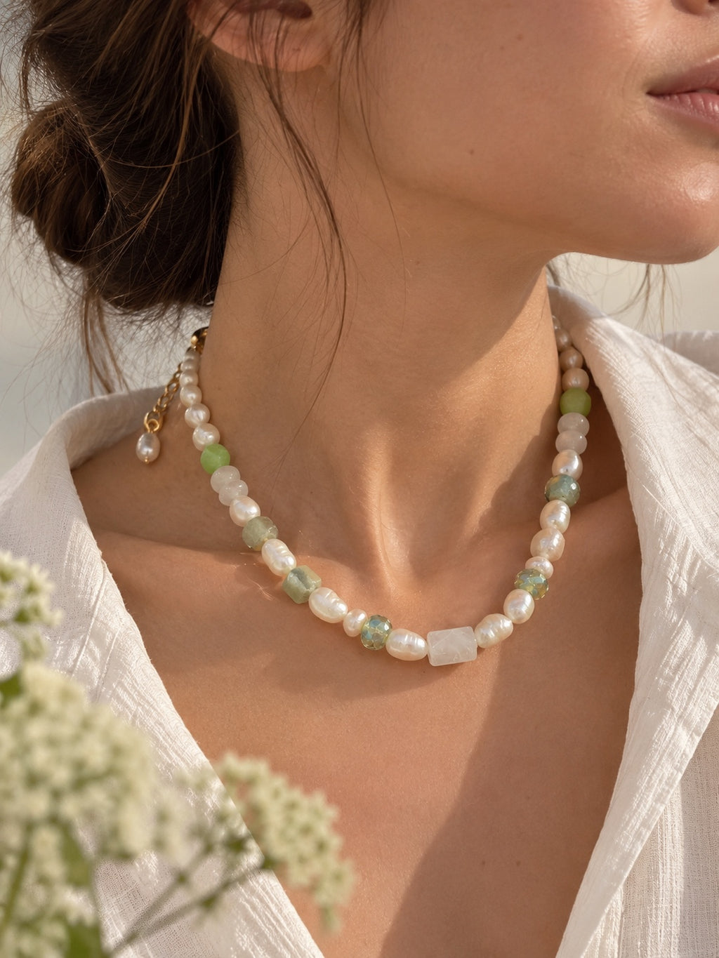 LULA Verde freshwater pearl necklace worn on model