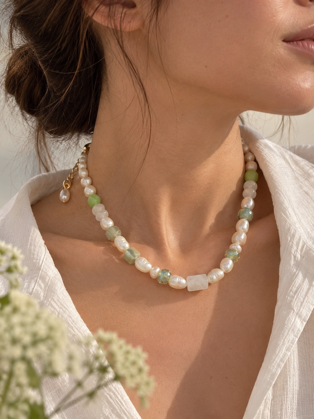 LULA Verde freshwater pearl necklace worn on model